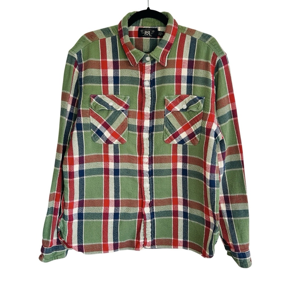 RRL Ralph Lauren Double RL Plaid Twill Work Shirt Mens XL Western Classic Green